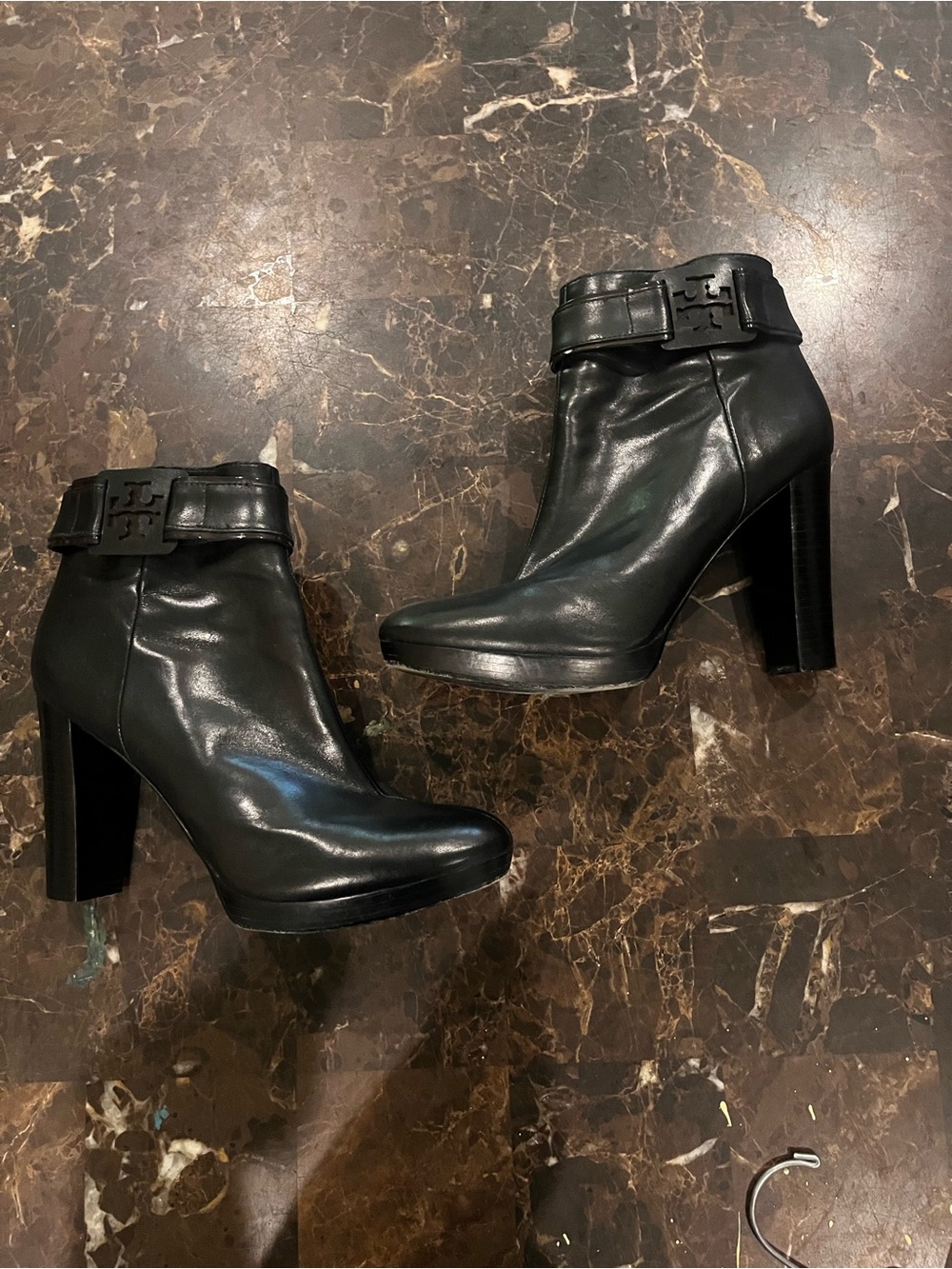 Tory Burch Black Leather Logo Strap Ankle Booties